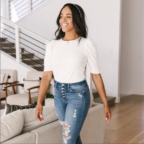 Tops - White Puff Sleeve Blouse Basic Knit Soft Stretchy